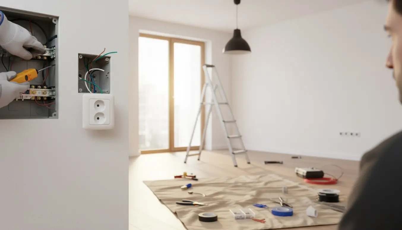 En elektrikers handskerede hænder monterer hovedafbryder, stikkontakt og lampeudtag i et lyst rum.