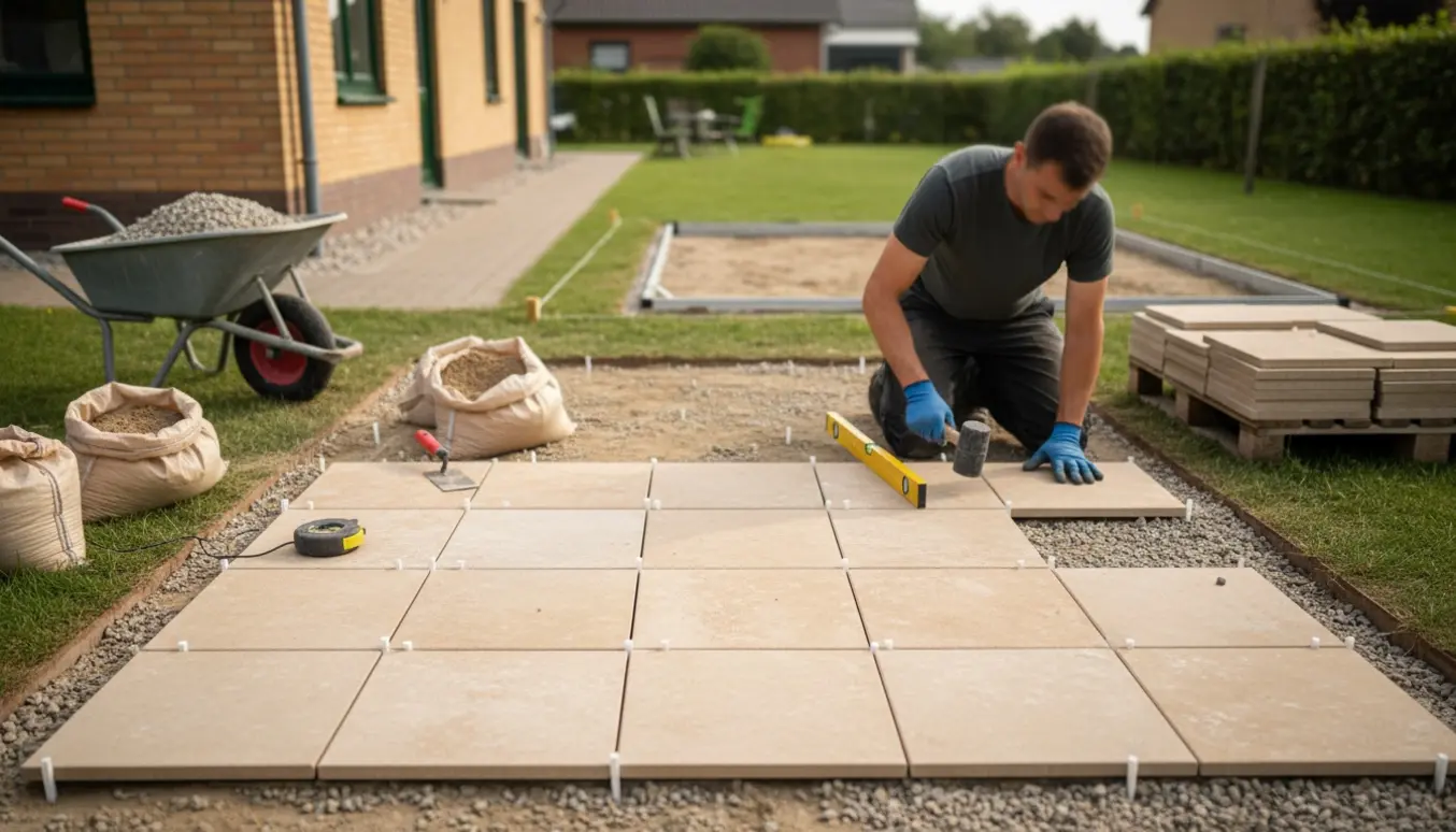 Delvist færdig flisebelægning ved huset til et drivhus med værktøj og bunker af fliser.