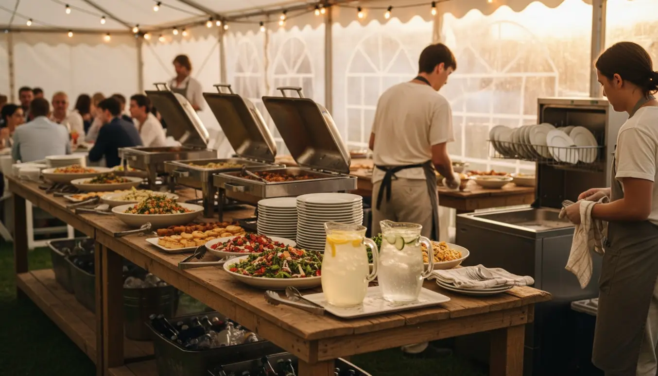 Personer dækker buffet og rydder op i et telt ved en sommeraftenhavefest.