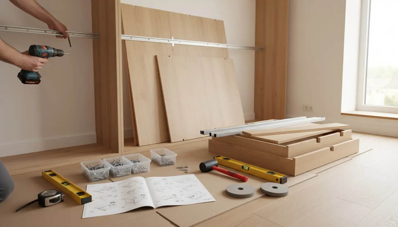 En person monterer et fladpakket garderobeskab mod en hvid væg med værktøj og hardware på gulvet.