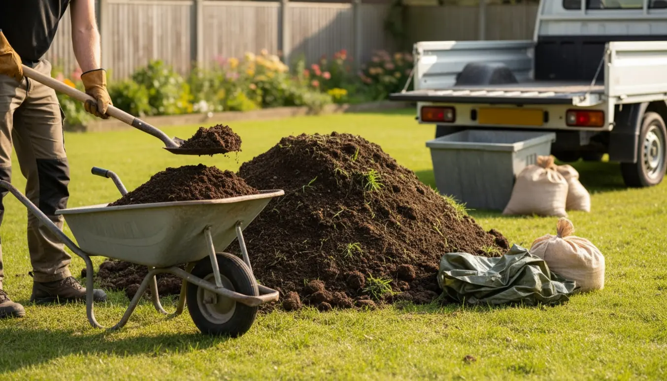 Stor jordbunke i en have ved siden af trillebør og skovl klar til bortkørsel.