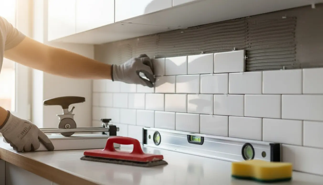 Montering af hvide metrofliser på køkkenvæg under overskabe med hænder og værktøj i arbejde.