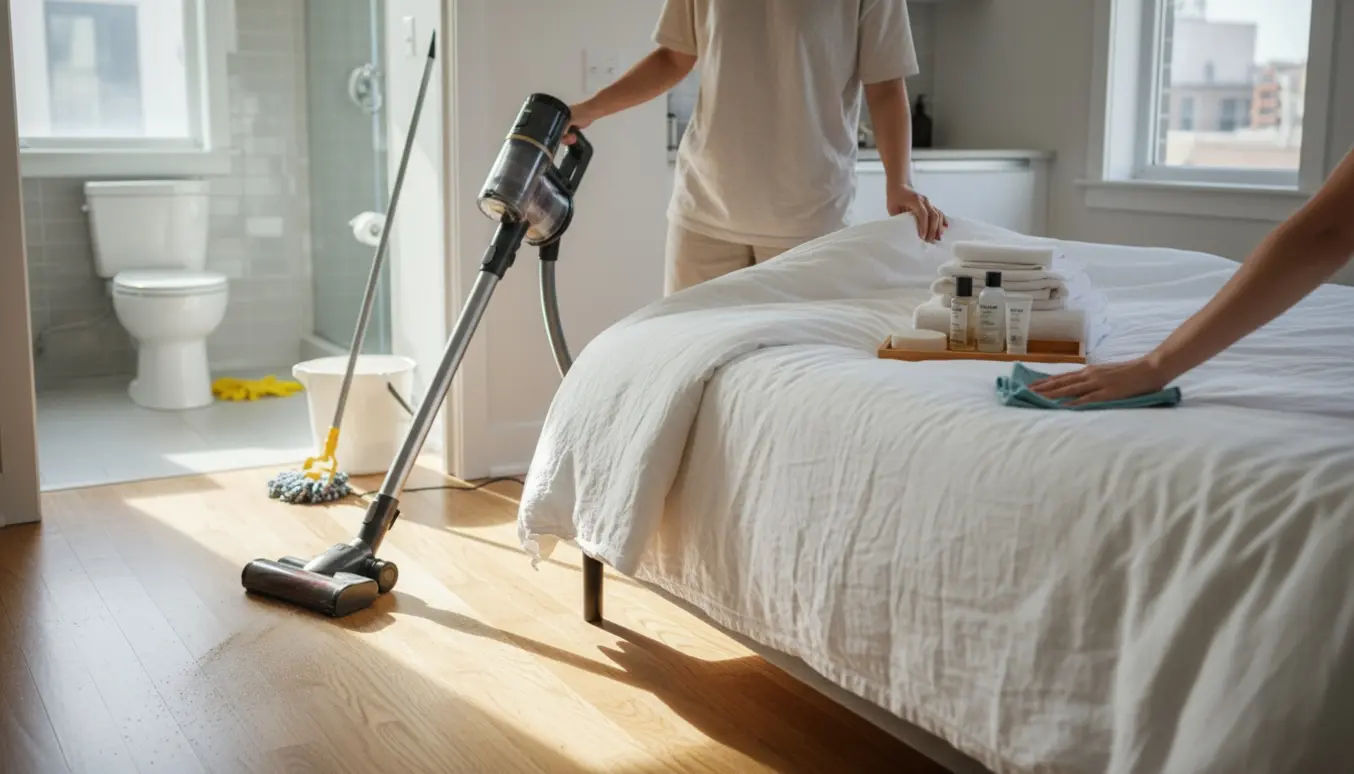 Hænder retter lagen og lægger friske håndklæder på en seng i et lyst, velordnet Airbnb-rum.