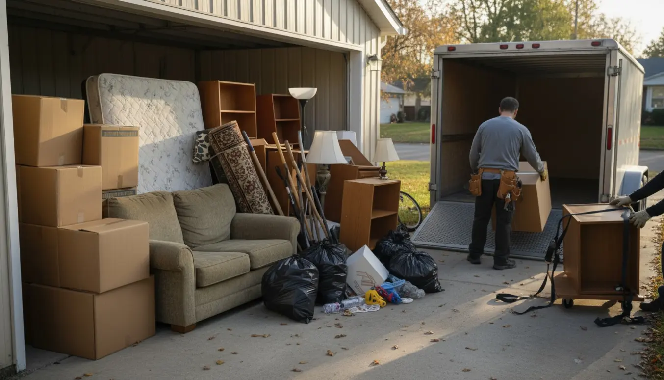 Carport fyldt med møbler og kasser klar til bortkørsel med en åben trailer ved siden af.