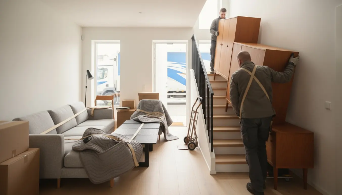 To flyttemænd bærer et teakskab op ad en trappe, mens sofa, skiffer-sofabord og små møbler venter på bortskaffelse og genbrug.