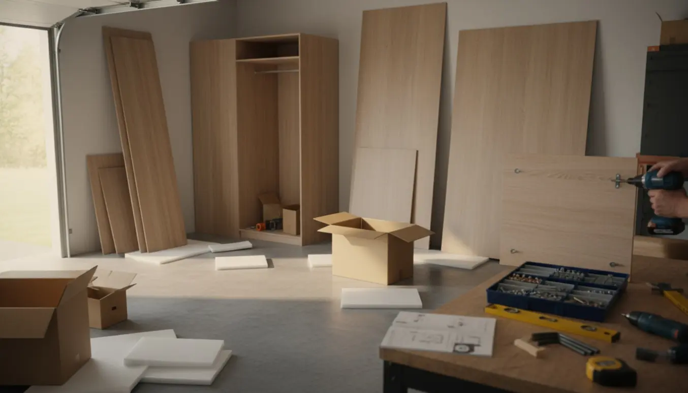 Stor hjørne-garderobe under samling i en garage med udpakke dele og værktøj.