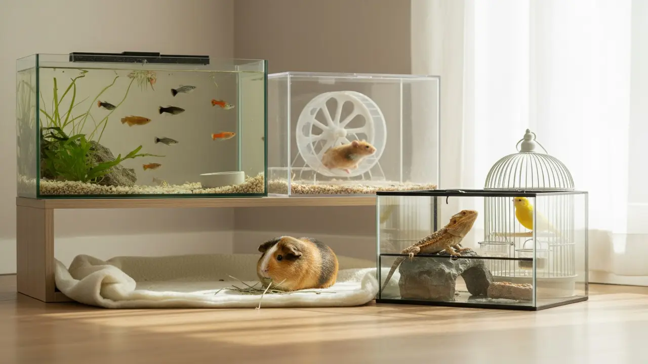 Udvalg af lette kæledyr: akvarium, hamsterbur, marsvin og terrarium med skægagame