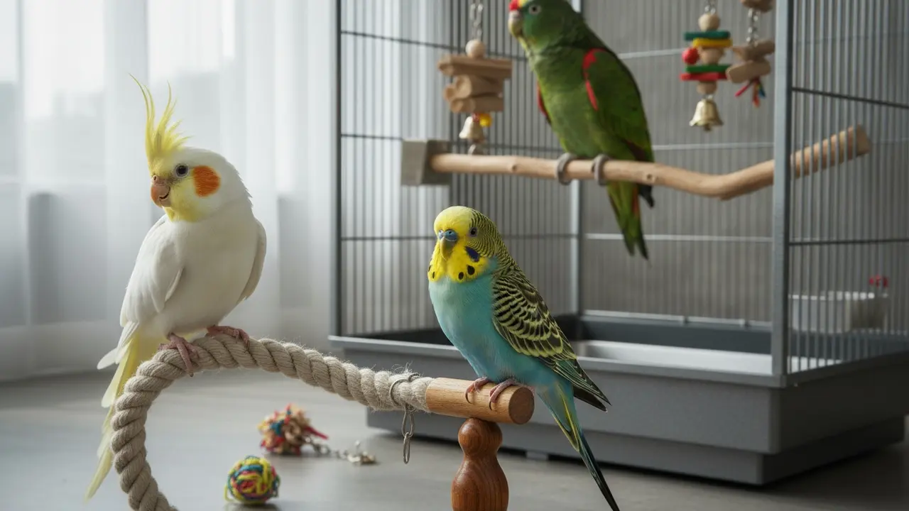 Forskellige kæledyrsfugle: undulat, nymfeparakit og større papegøjefugl i lys bolig