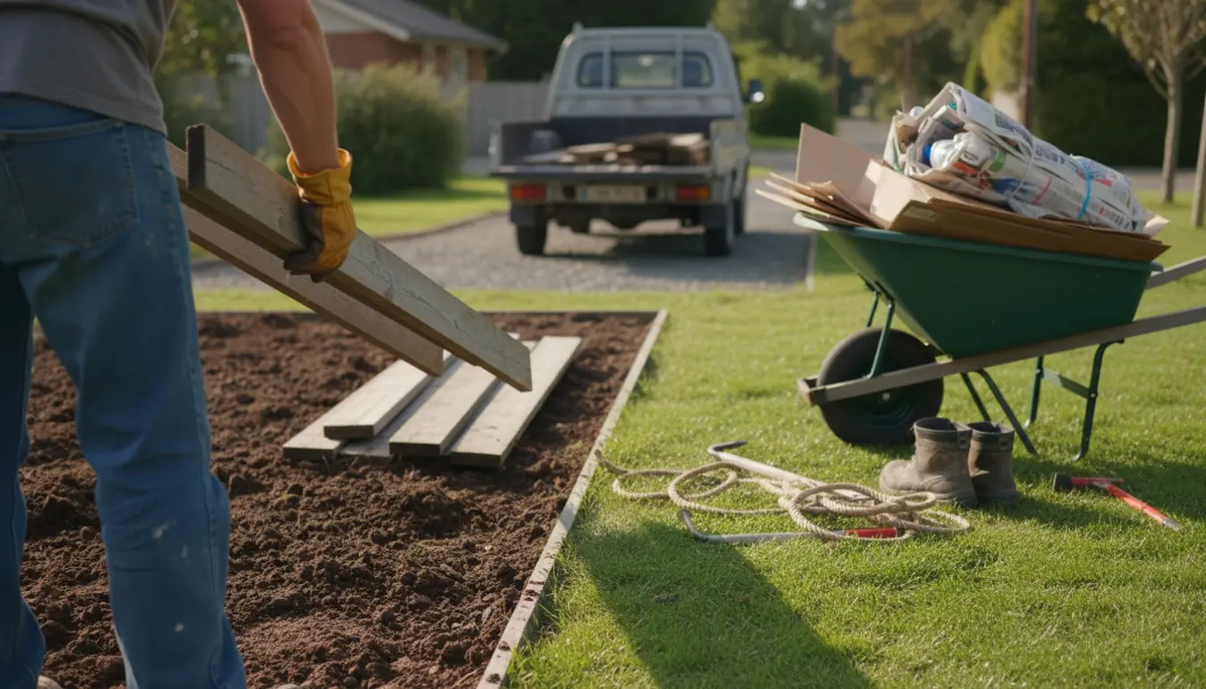 Fjernelse af havebrædder og bundter af pap klar til bortkørsel ved indkørsel.