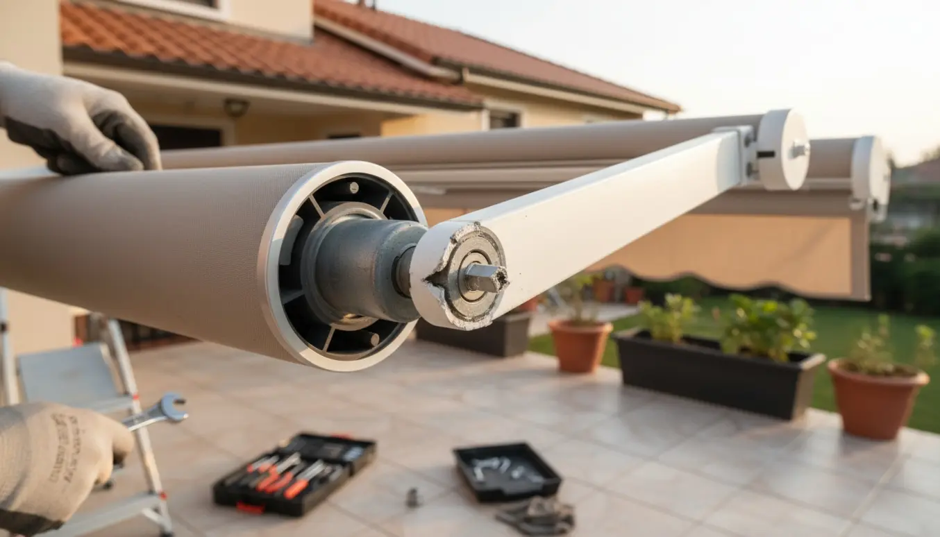 Tekniker uden synligt ansigt inspicerer markisemotor og knækket manuel øje på terrassen.