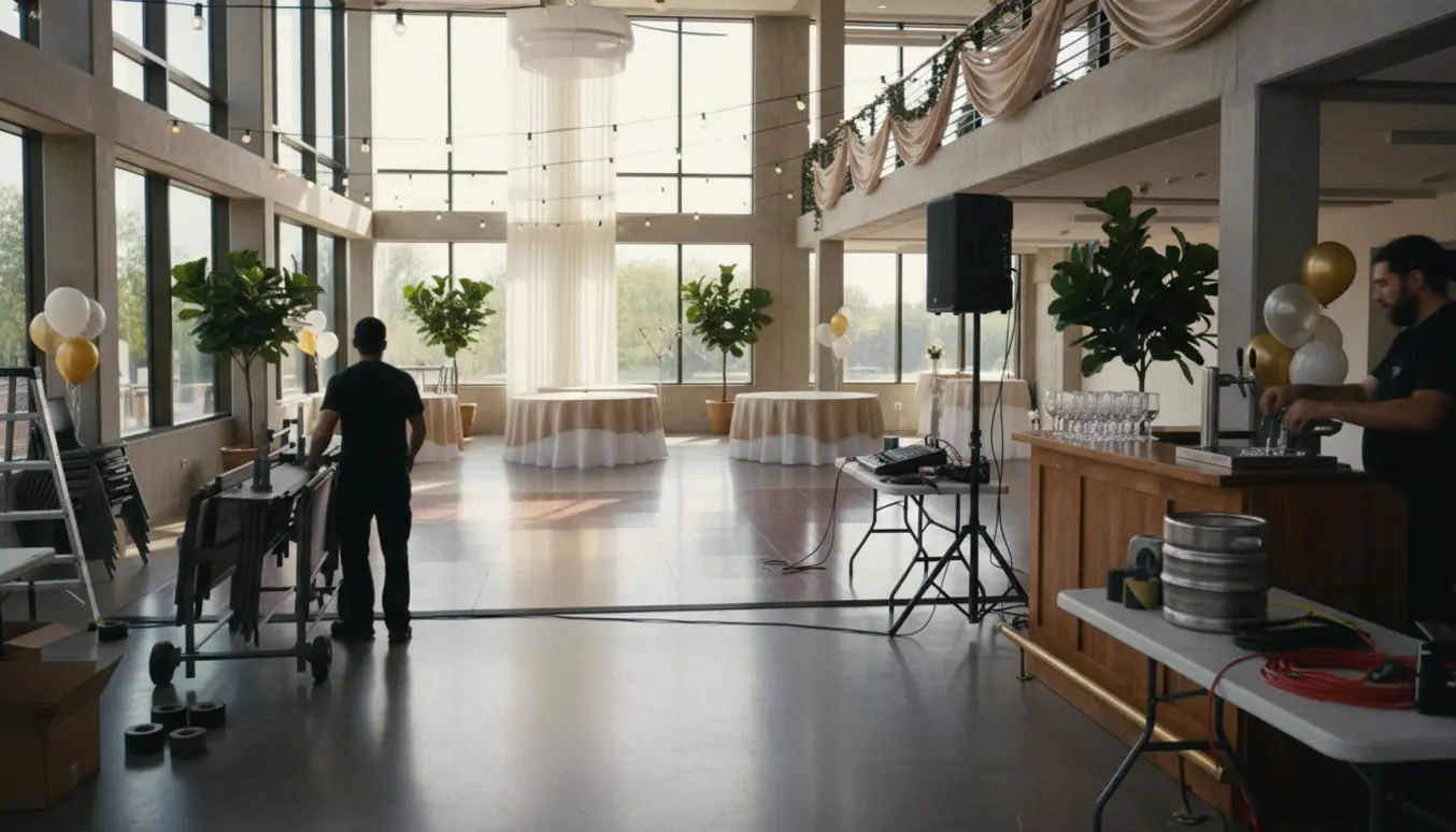 Et lille hold forbereder en firmafest i virksomhedens hovedsal med bar, musikanlæg og pynt på balkonen.