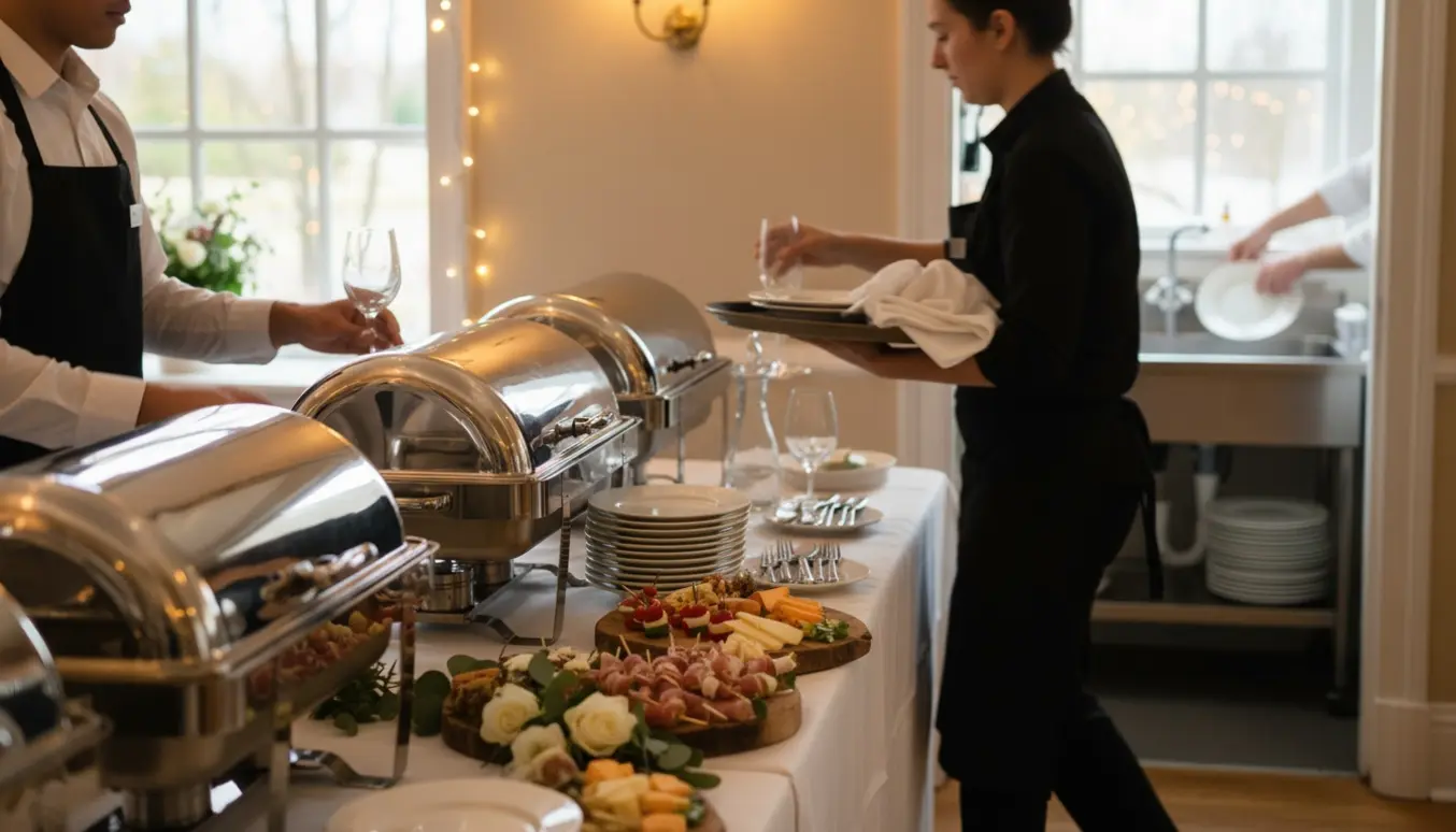 Serveringspersonale arrangerer buffet, rydder borde og fylder vandkarafler op ved et elegant bryllup.