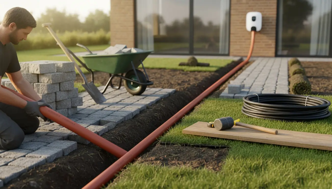 Forhave med gravet rende og nedlagt tomrør under herregaardssten klar til ladestander.