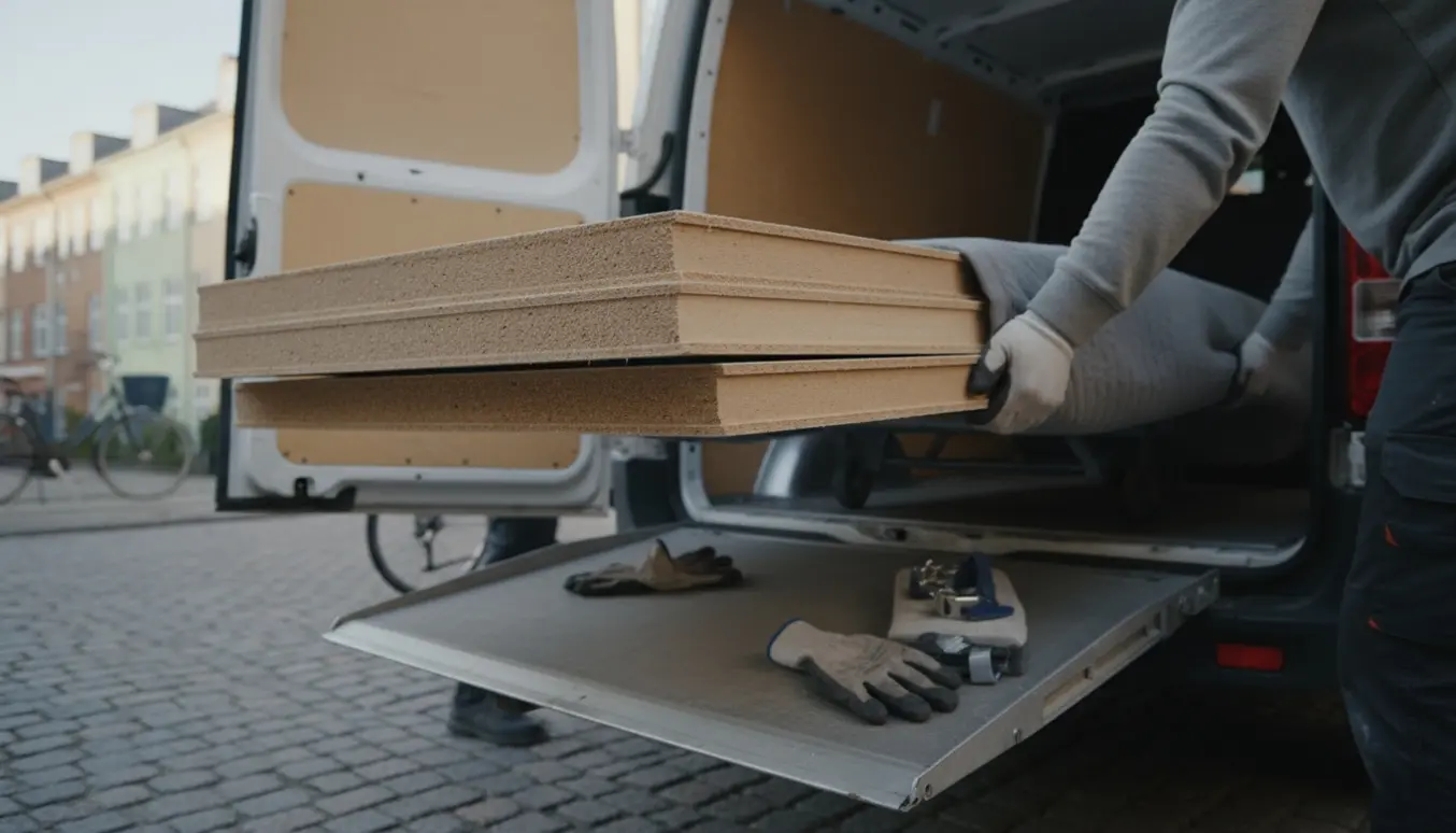 To personer laster seks store MDF-plader ind i en varevogn på en københavnsk sidegade.