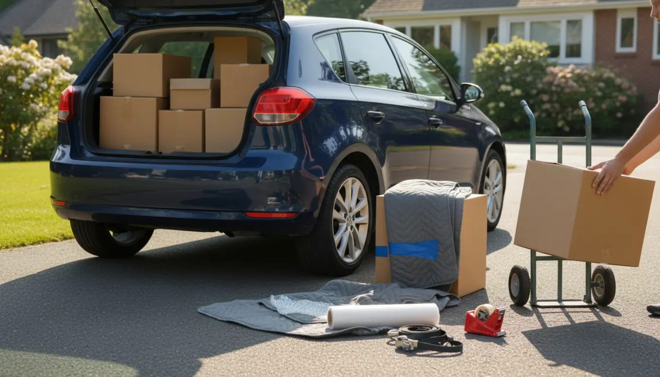 Åben hatchback med stabler af flyttekasser og indpakkede møbler, hænder læsser en kasse.