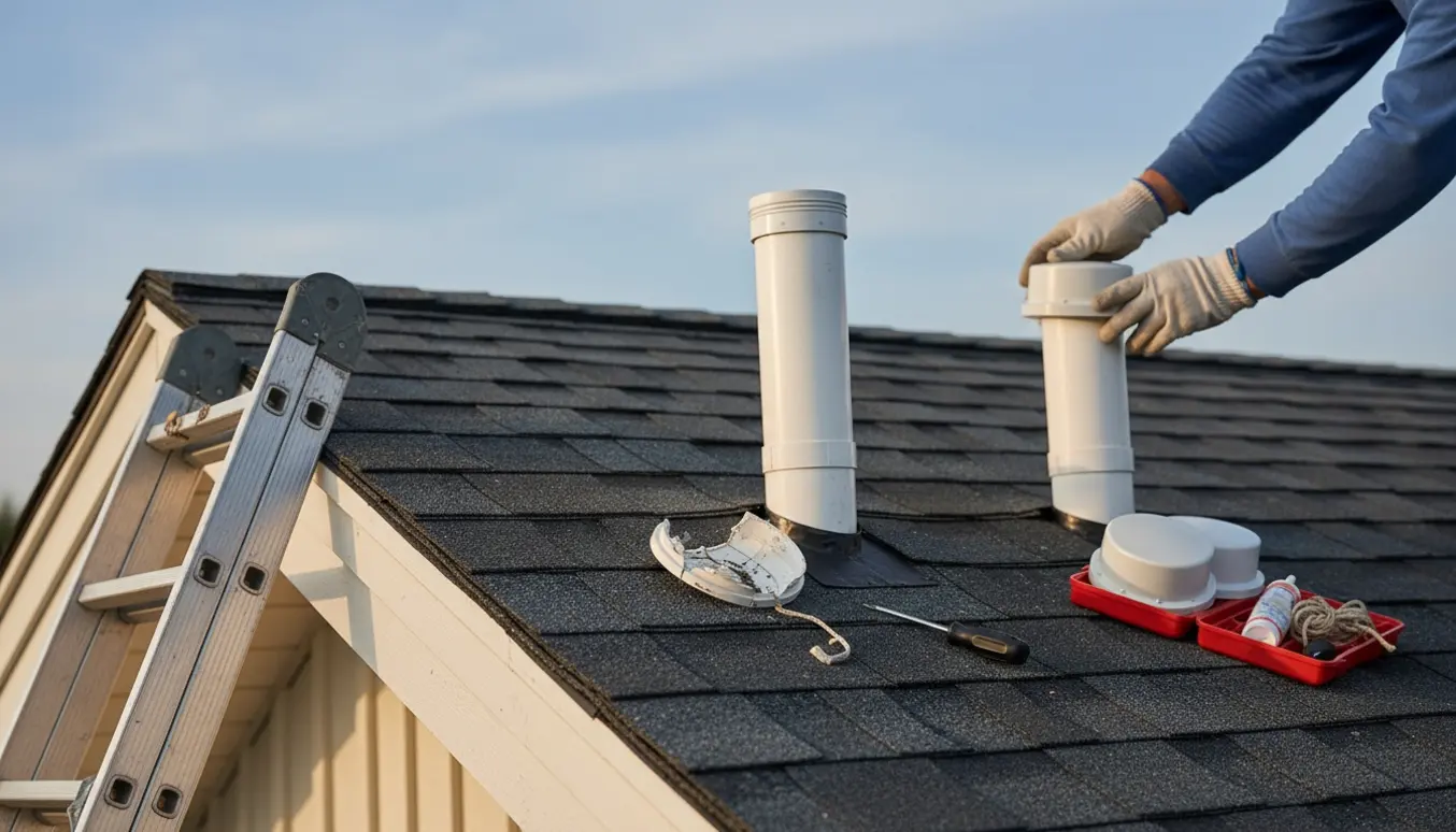 Nærbillede af hætte monteret på Ø100 mm PVC-udluftningsrør på tag med værktøj og et ødelagt stykke ved siden af.