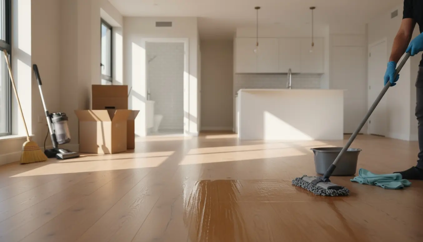 Tom lejlighed med plankegulv, hvor gulvet vaskes med brun sæbe under fraflytningsrengøring.