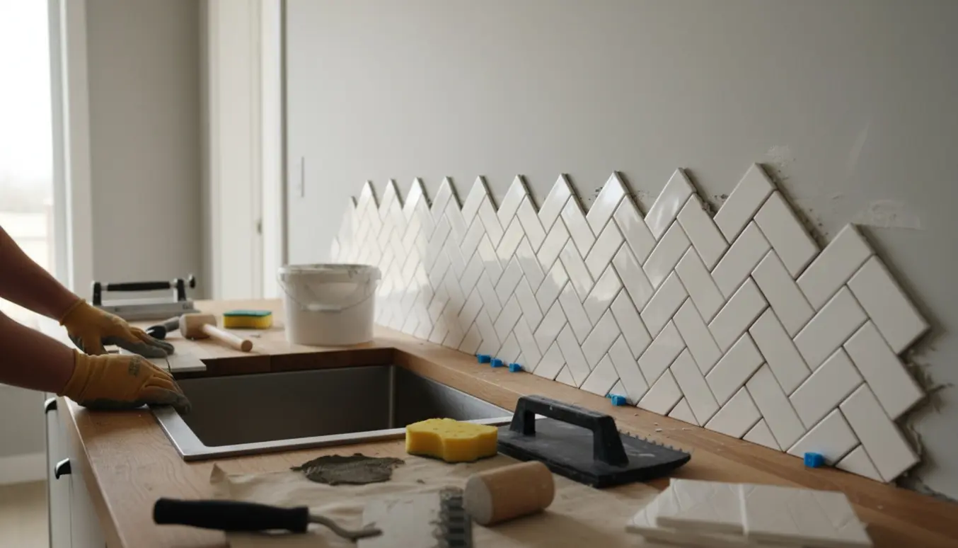 Håndværker sætter hvide sildebensfliser op som køkkenbagsplash på en nymalet væg.