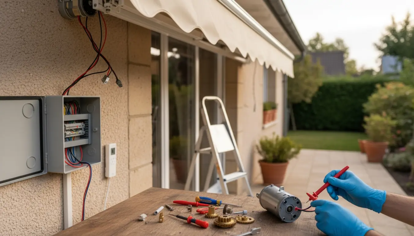 Nærbillede af hænder, der tester en markisemotor med multimeter, mens reservedele og værktøj ligger på en terrasse.