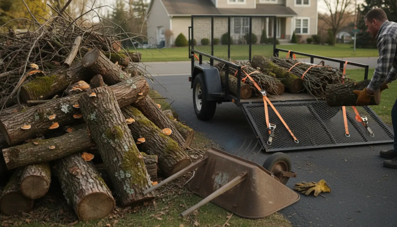 Bunke gammelt, råddent brænde og grene ved indkørsel klar til afhentning med en trailer.