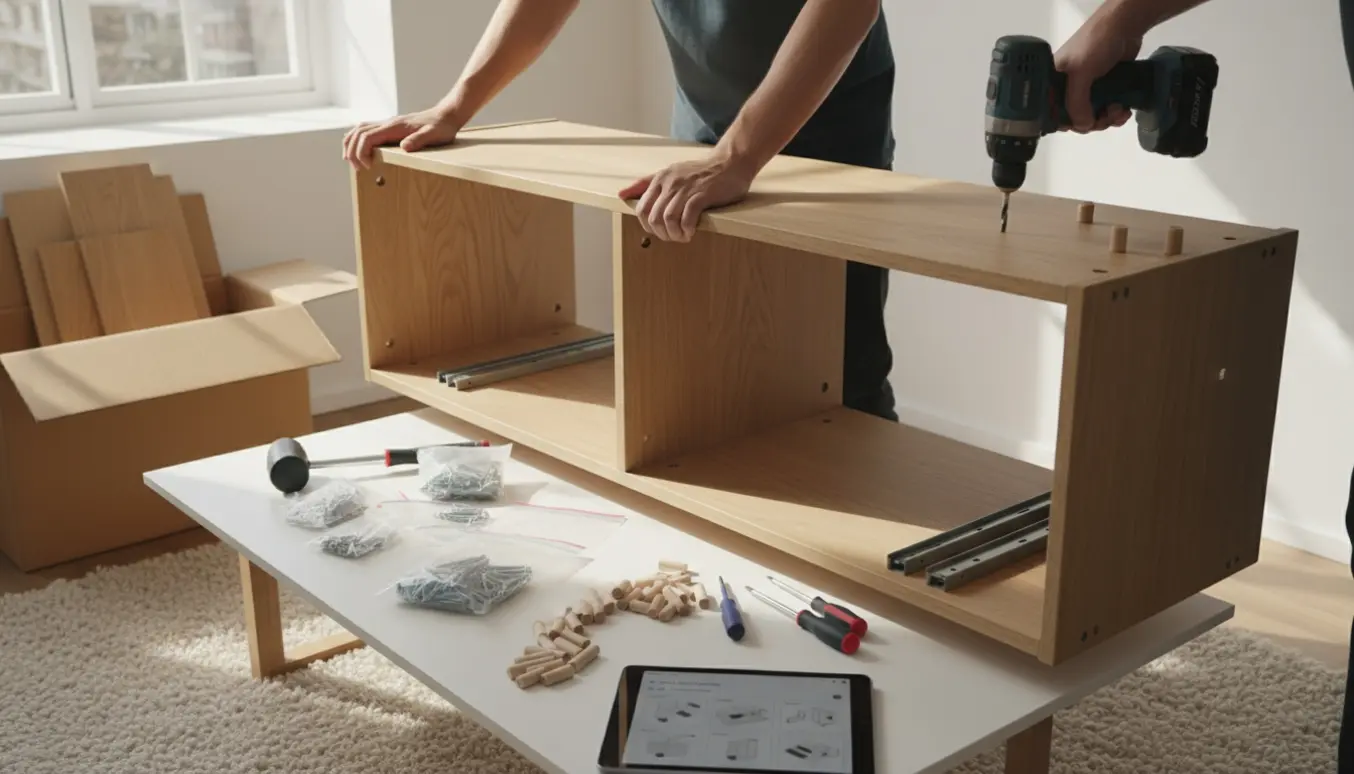 Hænder samler en lang skænk med skruemaskine, trædyvler og manual på tablet i et lyst rum.