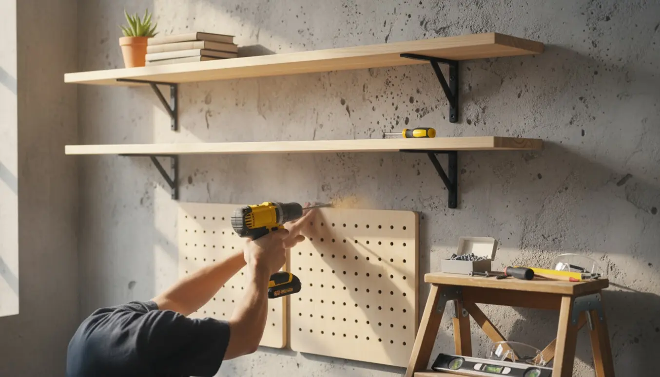 To træhylder og to hulplader monteres på en betonvæg med boremaskine og værktøj.