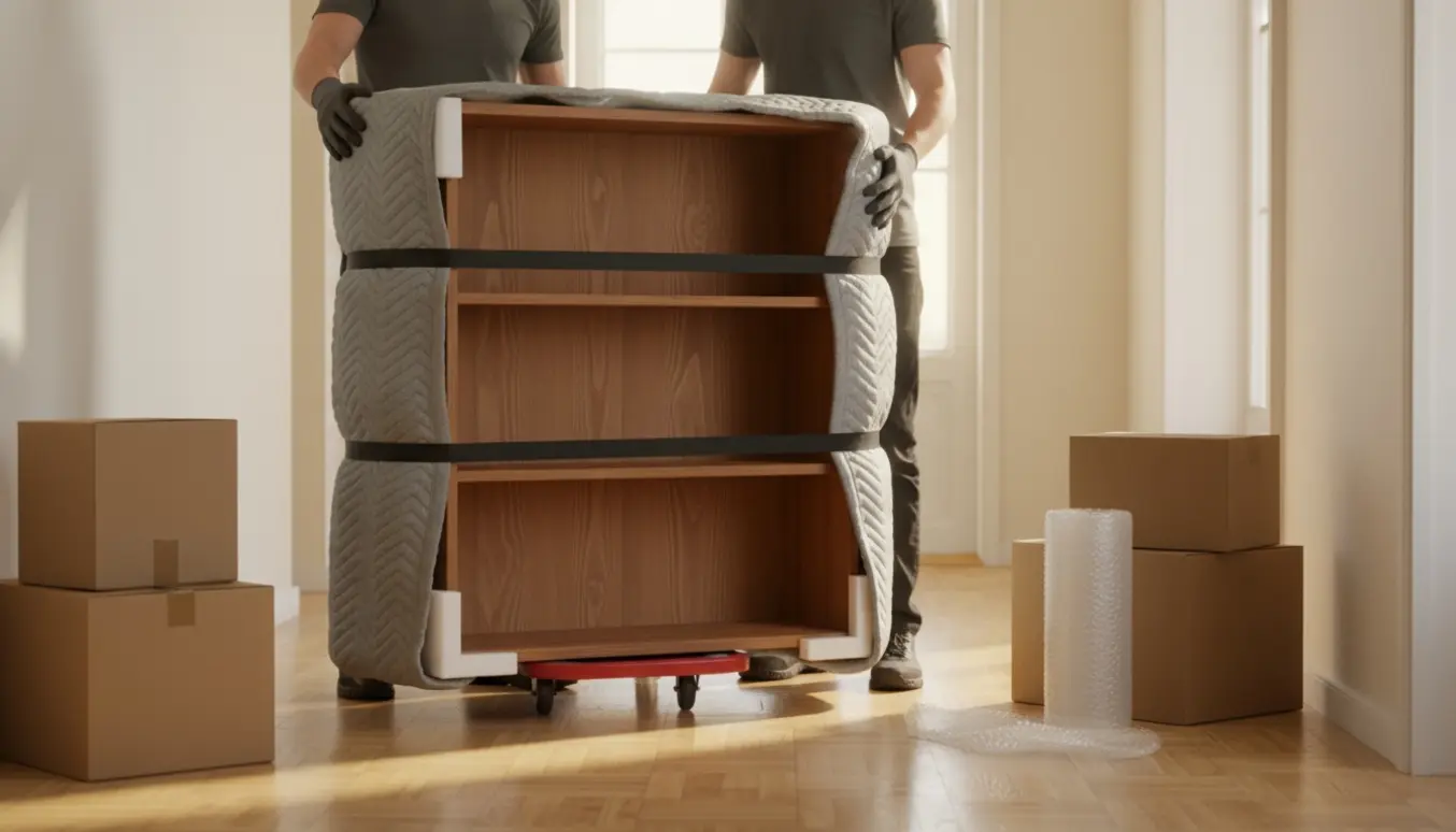 To personer bærer en ubeskåret hjørnebogreol gennem en lys gang, pakket ind i beskyttelsestæpper og placeret på en dolly, ansigter er ikke synlige.