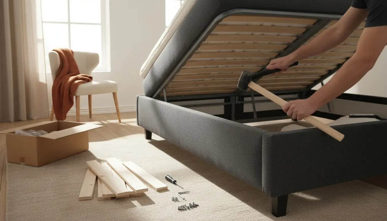 Halvmonteret mørk polstret seng med trælameller og en hammer ved siden af.