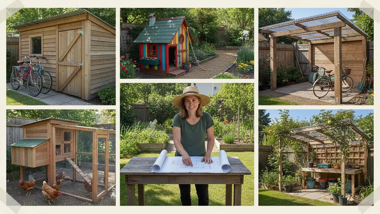Forskellige mindre udendørs projekter samlet i en have: skur, hønsehus, legehus og shelter