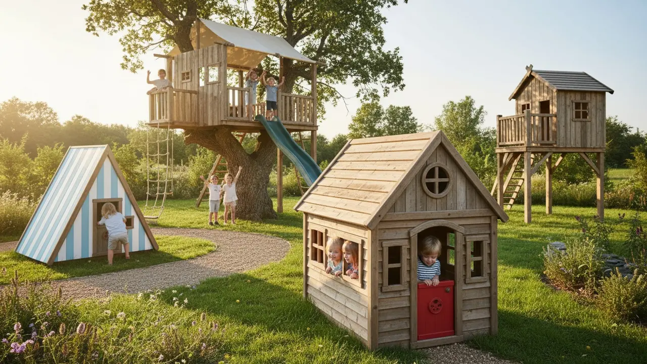 Flere typer legehuse: klassisk, A-form, træhytte og forhøjet legehus med veranda