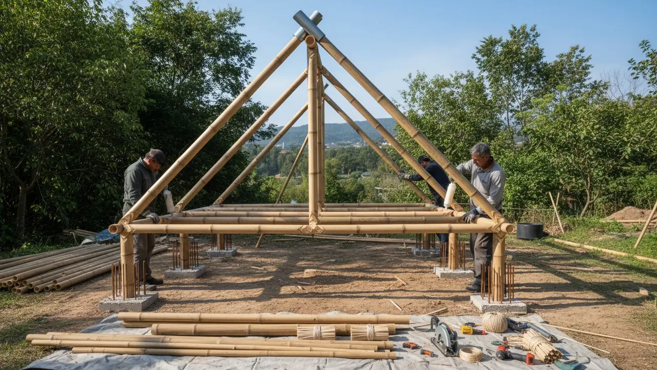 Opbygning af bambus-shelter med synlige samlinger, stolpefundament og værktøj