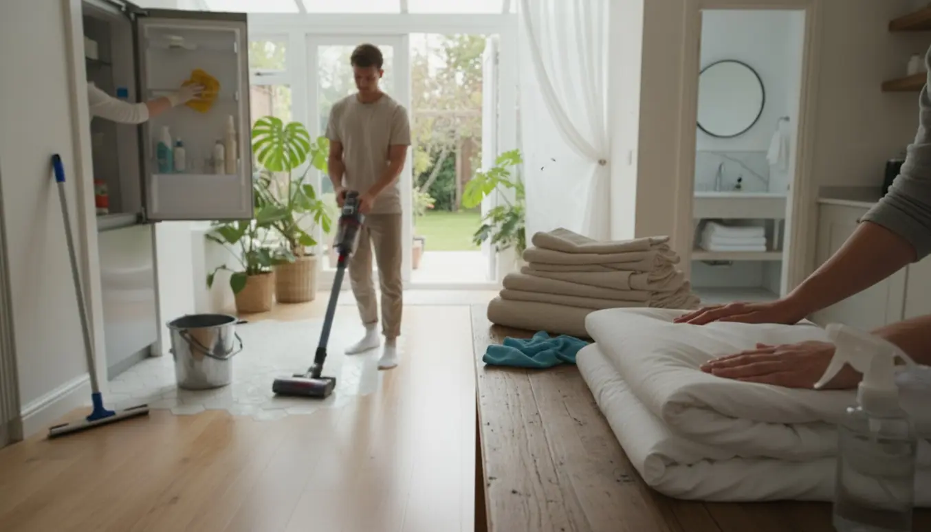 Rengjort Airbnb-interiør med hænder, der folder sengetøj og håndklæder, støvsuger og ryster gardin i et lyst orangeri.