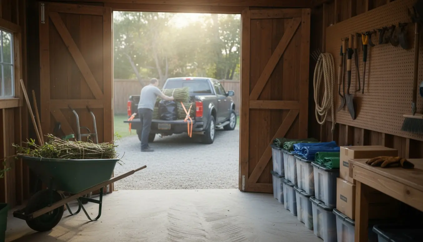 Åben skur med oprydning, haveredskaber og trailer læsset med affald klar til afhentning.
