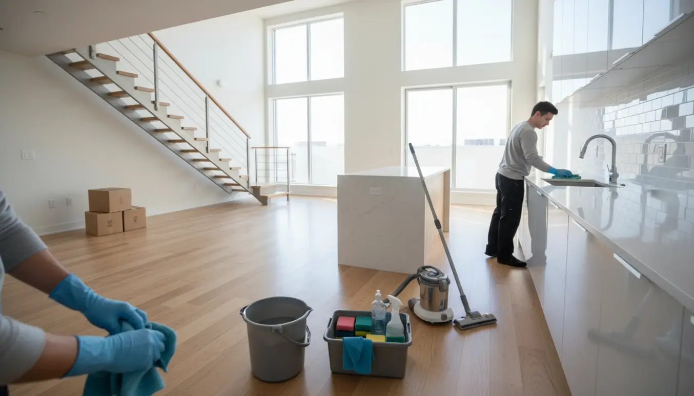 Tom toplans lejlighed rengøres efter fraflytning med rengøringsudstyr i fokus.