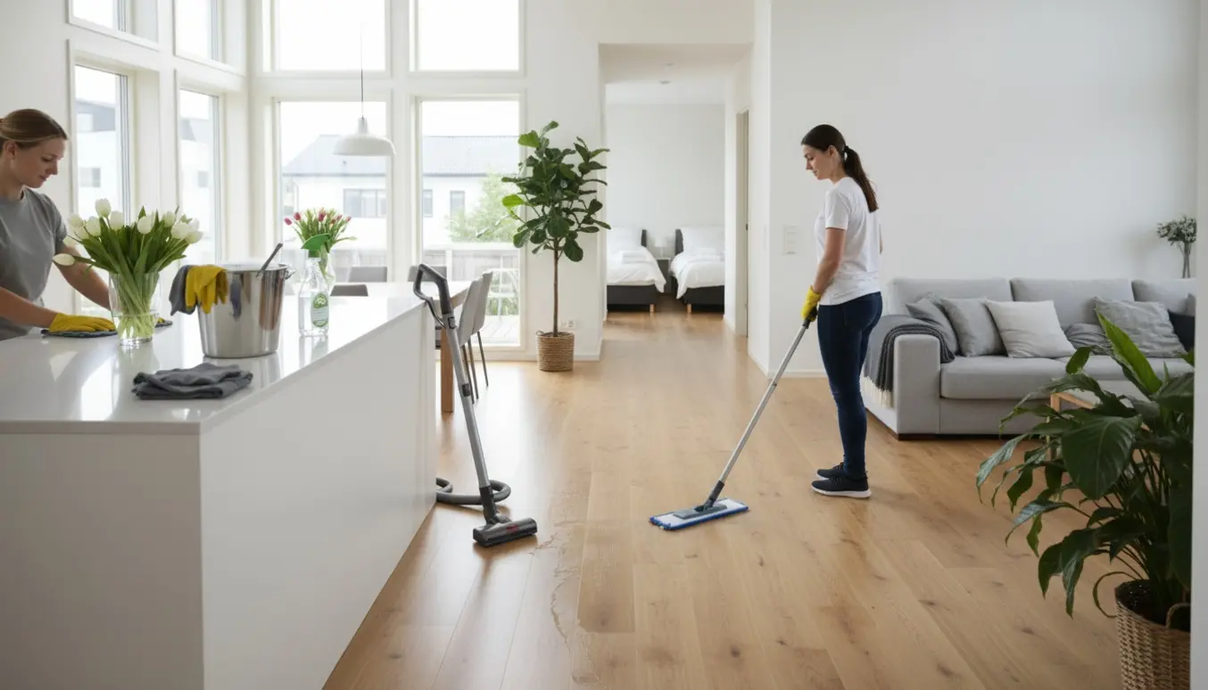 Solbeskinnet skandinavisk hjem under grundig rengøring med moppe, støvsuger og klude, ingen ansigter synlige.