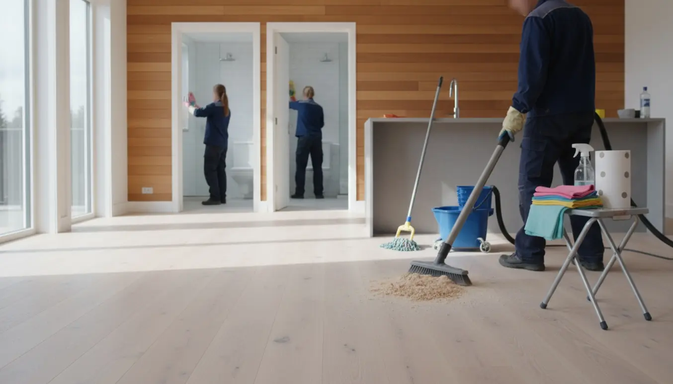 Indvendigt efter ombygning med ny træbeklædning, støvsugning af savsmuld og rengøringsudstyr i fokus.