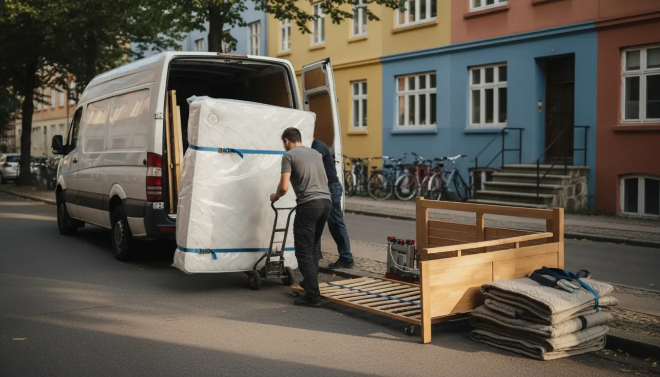 Flyttefolk læsser en plastikindpakket madras og løse sengedele ind i en varevogn på en træbevokset gade i Nørrebro.