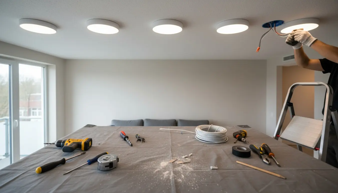 Hånd forbinder ledninger til en LED-plafond i en lejlighed med stige og værktøj.