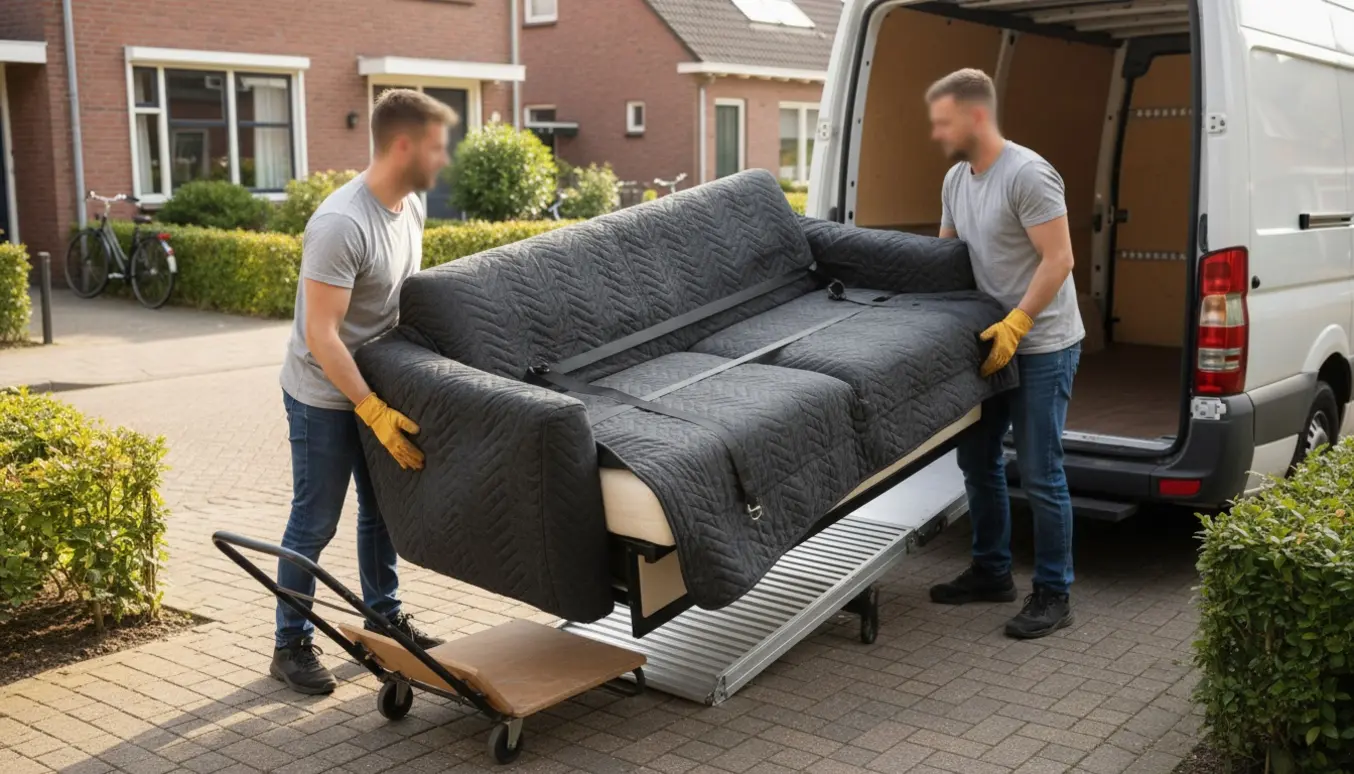 Sovesofa læsses på en flyttebil med flyttedolly og beskyttelsesfilt i en dansk forstad.