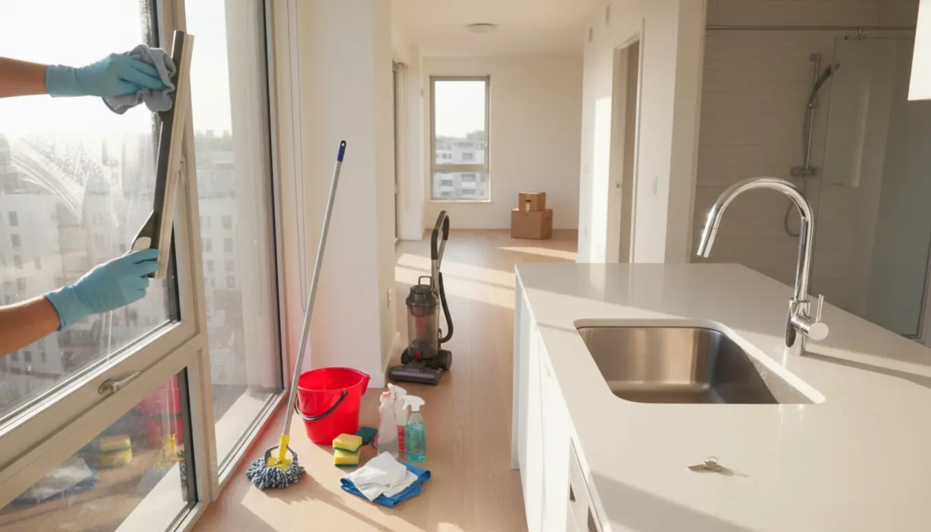 Næsten tom lejlighed under flytterengøring med handsker, der pudser et vindue.