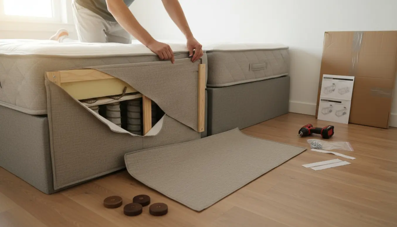 To boksmadrasser side om side, hvor hænder monterer en ny sidestykke på en beskadiget madras.