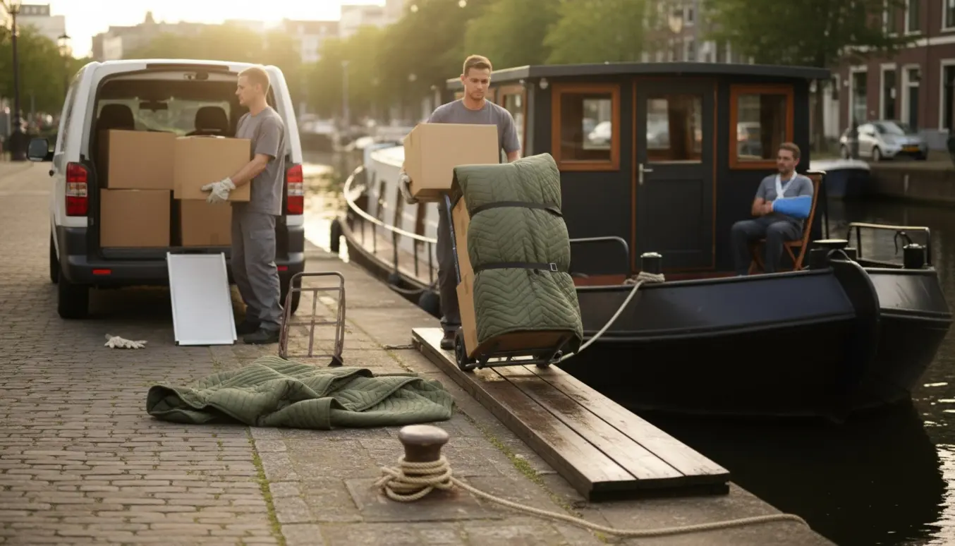 Hjælper bærer flyttekasser ned ad rampe til en husbåd ved en rolig kanal, mens ejeren med skulderskade sidder på dækket.
