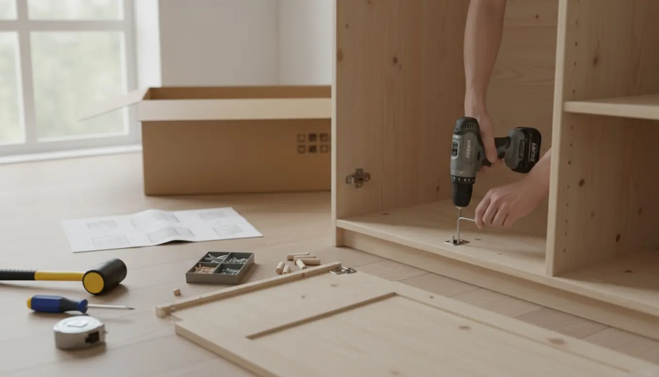 Hænder samler et lyst klædeskab i et solrigt soveværelse med værktøj og beslag på gulvet.