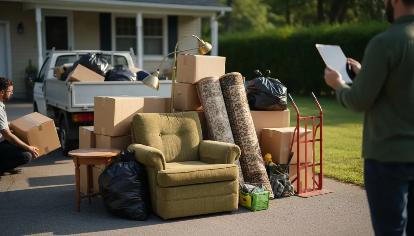 Affald og brugte møbler samlet på indkørslen ved et hus, mens to personer sorter ting til afhentning.