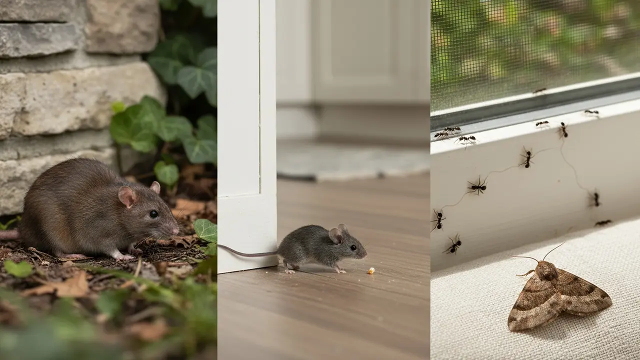 Illustration af almindelige skadedyr: rotte, mus, myrer og møl i hjem- og haverelateret miljø.