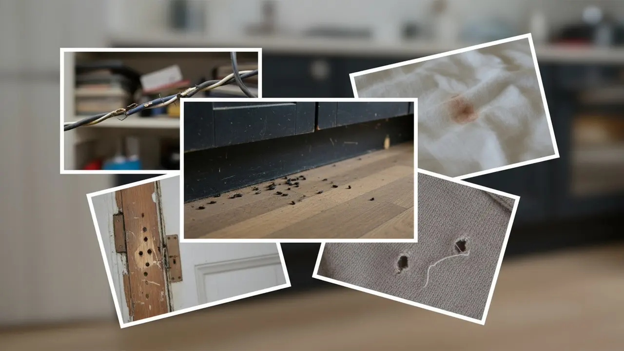 Nærbilleder af tegn på skadedyr: afføring, gnavespor, huller i tøj og små huller i træværk.