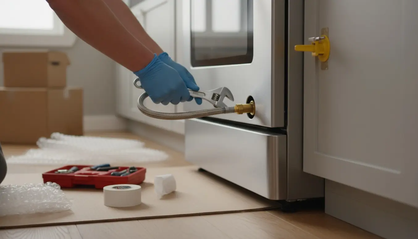 En tekniker tilslutter gasforsyningen til et rustfrit komfur i et køkken under indflytning.