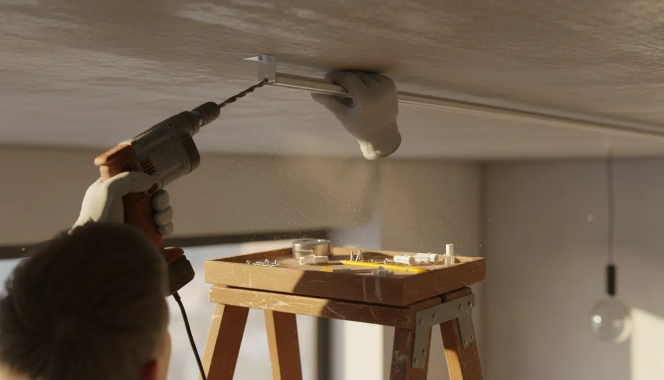 En håndværker på en stige monterer en aluminium gardinskinne med hjørnebeslag i et betonloft med boremaskine, rawlplugs og skruer ved siden af.