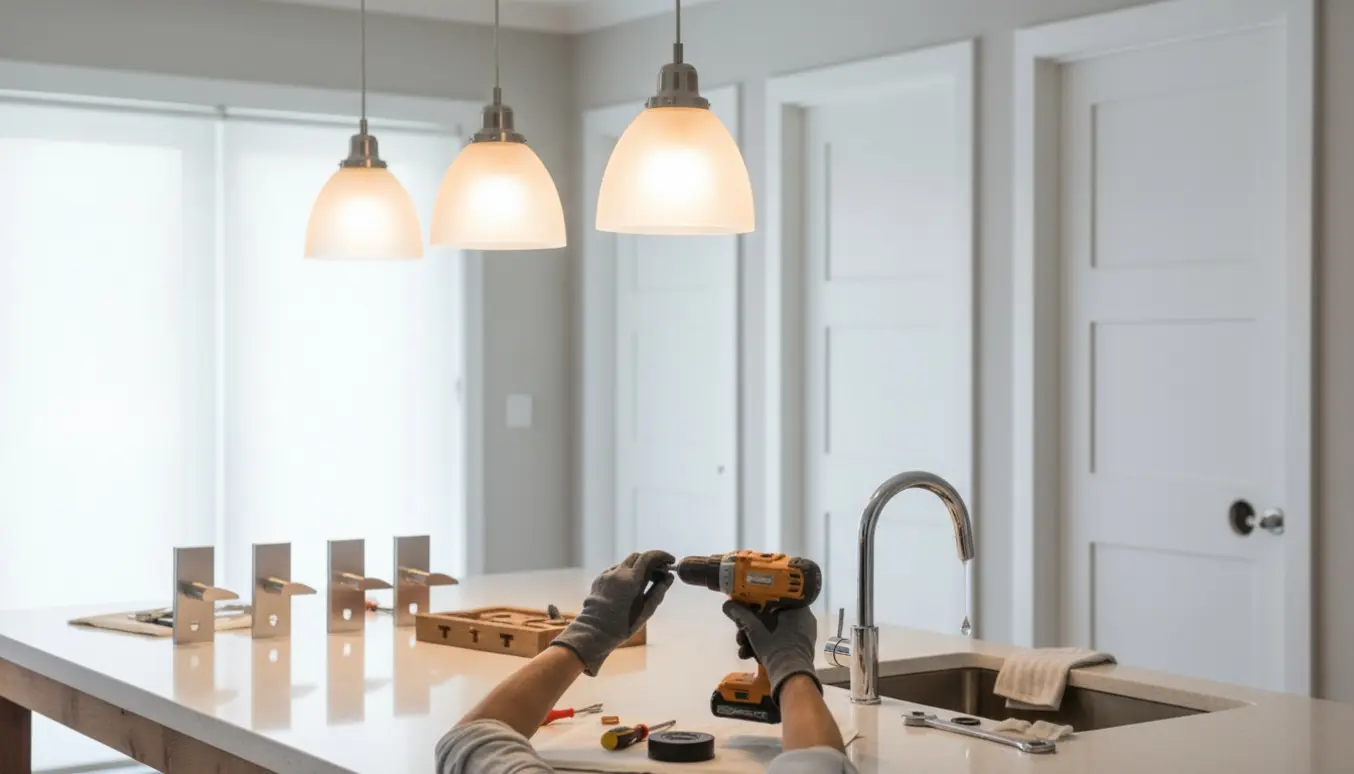 Installationsscene med fire nye pendellamper over køkkenbord, udskiftede dørhåndtag og en dryppende vandhane med værktøj.