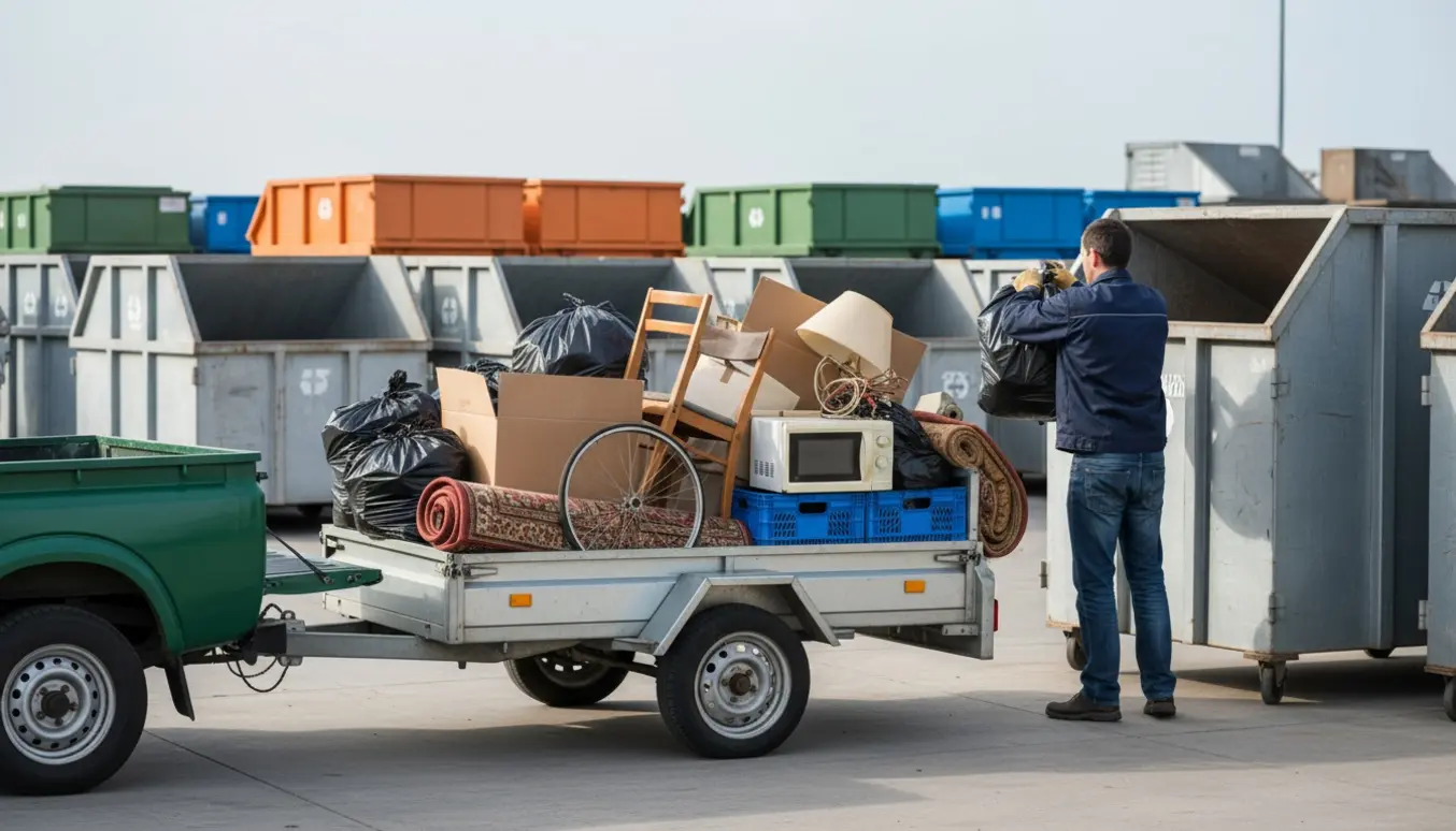 Varevogn og trailer lastet med blandet affald ved en genbrugsplads, en person læsser af med ryggen til.